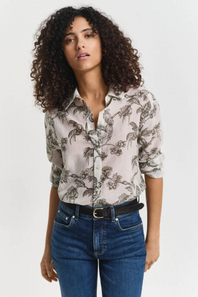 Rel tree print cot silk shirt, Dark Moss Green