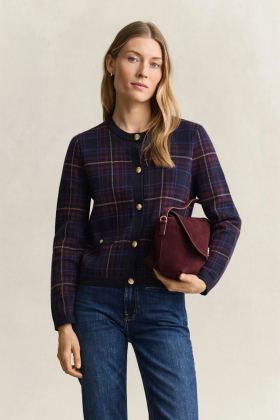 Check knit c-neck cardigan, Evening blue