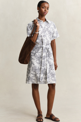 Floral print linen ss shirt dress, Evening blue