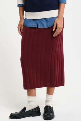 Wide Ribbed Wool Skirt, Plumped Red