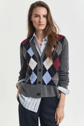 Argyle V-neck Cardigan, Charcoal Melange