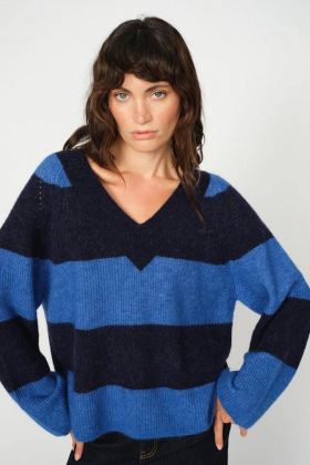 Taci Stripe LS V-Neck Knit, Maritime Blue