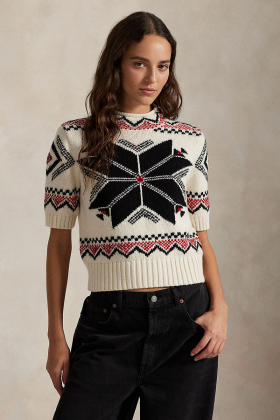 Snowflake Mockneck Short-Sleeve Jumper, Cream Multi