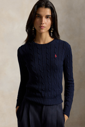 Cable-knit cotton crewneck sweater, Hunter Navy