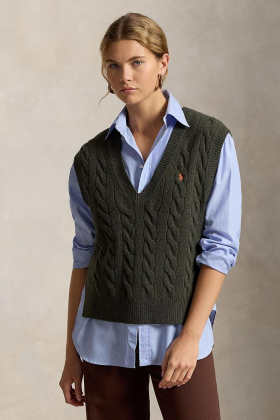 Cable-knit wool-cashmere sweater vest, Olive umber heather