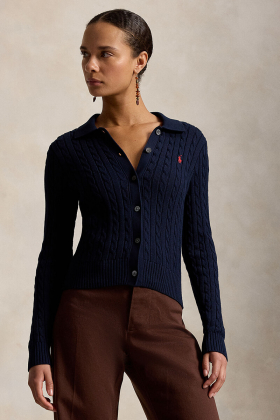 Cable-knit cotton cardigan, Hunter navy