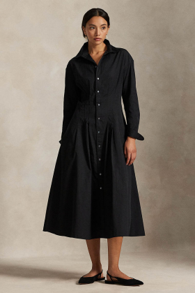 Pleated cotton shirtdress, Black