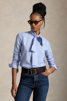 Slim fit cotton tie-neck shirt, Medium blue