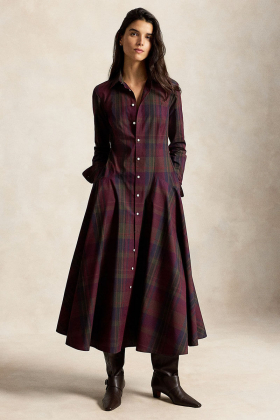 Plaid cotton blend paneled shirtdress, Merlot-green multi