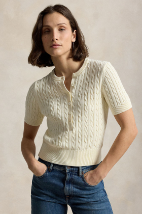 Mini-cable short sleeve henley sweater, Clubhouse cream