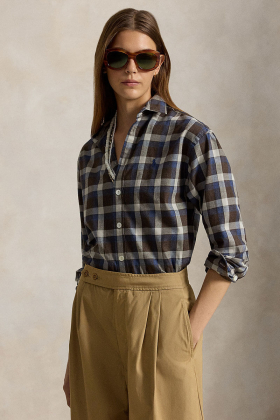 Relaxed fit plaid cotton twill shirt, Brown blue multi