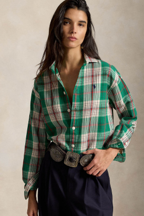 Relaxed fit plaid cotton shirt, Green-cream multi