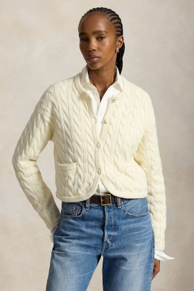 Cable knit cotton blend cardigan, Clubhouse cream