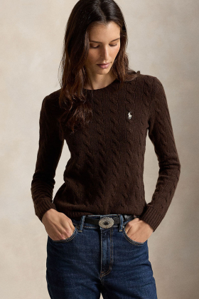 Cable wool-cashmere crewneck sweater, Cedar heather