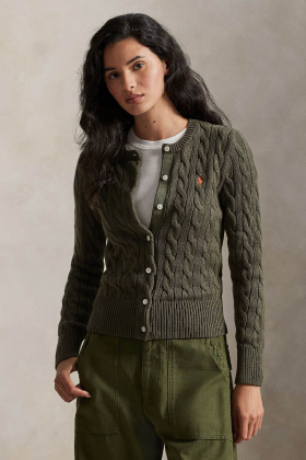 Cable-Knit Cotton Crewneck Cardigan, Harvest Olive