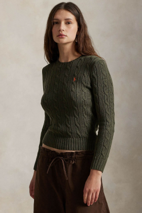 Cable-Knit Cotton Crewneck Sweater, Harvest Olive