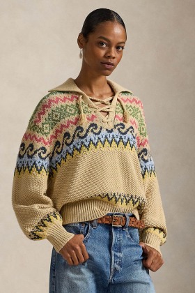 Fair isle lace-up sweater, Tan multi