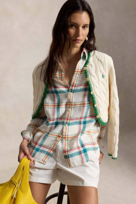 Classic fit plaid linen shirt, White/multi