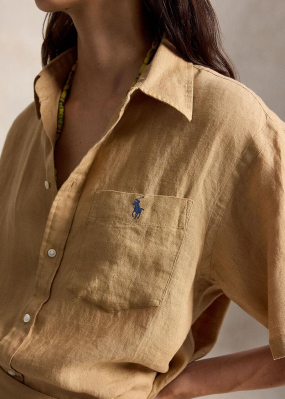 Oversize fit linen short-sleeve shirt, Classic camel