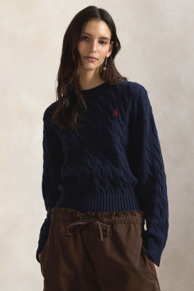 Cable-knit cotton crewneck sweater, Hunter navy