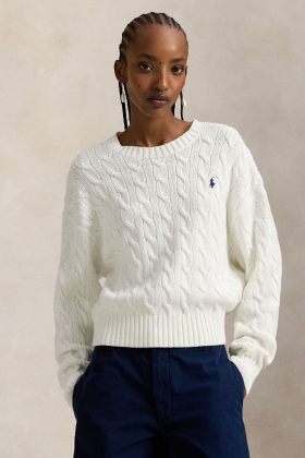Cable-knit cotton crewneck sweater, White