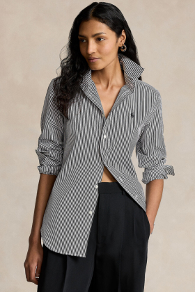 Slim Fit Striped Cotton Shirt, White & Polo Black