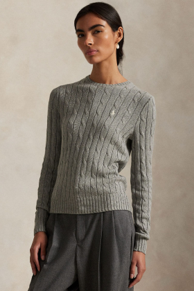 Cable-Knit Cotton Crewneck Sweater, Fawn Grey Heather