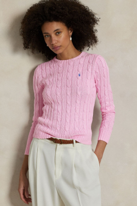 Cable-Knit Cotton Crewneck Sweater, Carmel Pink