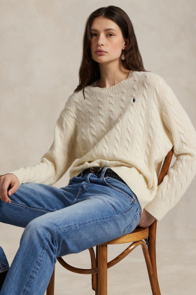 Cable wool-cashmere crewneck sweater, Authentic cream