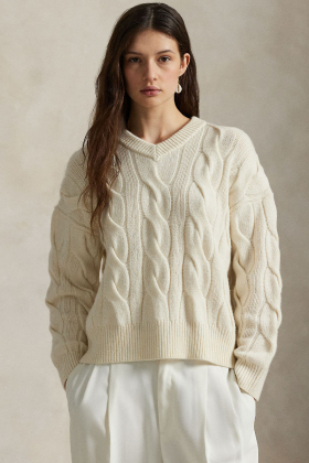 Cable-Knit Wool-Cashmere V-Neck Sweater, Authentic Cream