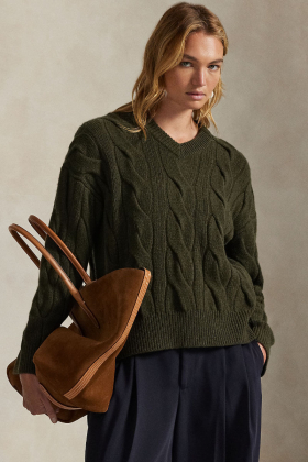 Cable-Knit Wool-Cashmere V-Neck Sweater, Olive 