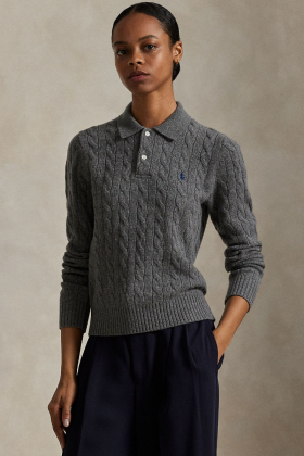 Cable-Knit Wool-Cashmere Polo Sweater, Grey Heather