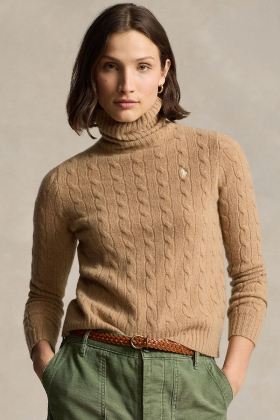 Wool-Cashmere Cable Turtleneck Sweater, Collection Camel Melange