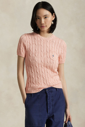 Cotton Cable-Knit Short-Sleeve Sweater, Pale Pink