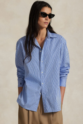 Oversize Fit Striped Cotton Shirt, Light Blue & Navy Multi