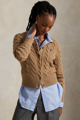 Cable-Knit Wool-Cashmere Cardigan, Collection Camel Melange