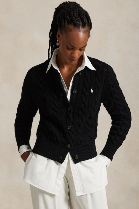 Cable-Knit Wool-Cashmere Cardigan, Polo Black