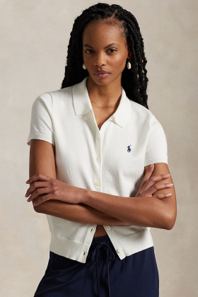 Short-Sleeve Buttoned Cardigan, White