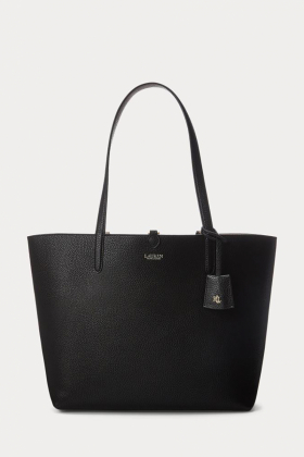 Faux-Leather Medium Reversible Tote Bag, Black & Taupe