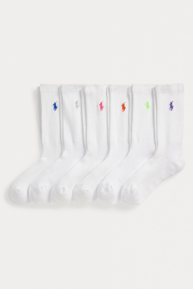 Embroidered Pony Crew Sock 6-pack, White