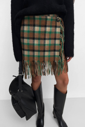Aera check fringe skirt, Nutty/Leaf Green