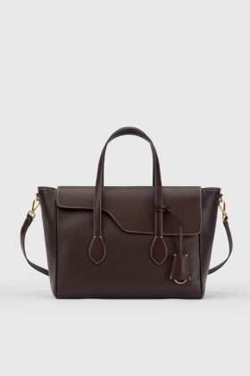 Merlara Grained Leather Large Handbag, Walnut & Contrast Stitch