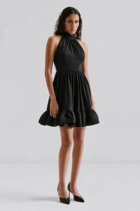 Fern Halterneck Ruffled Mini Dress, Black