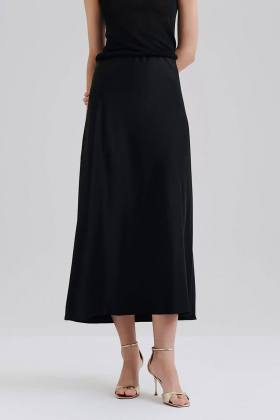 Aubree Satin Midi Skirt, Black
