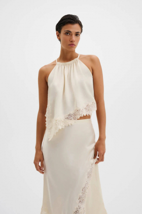Madina Asymmetric Lace Hem Top, Pearl