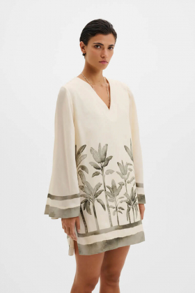 Leonella V-Neck Tunic Mini Dress, Palm