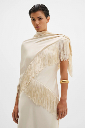 Nalia Fringe Satin Scarf, Pearl, one size