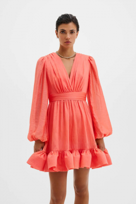 Jadie V-Neck Ruffled Mini Dress, Coral