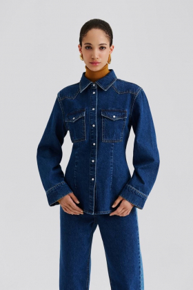 Anthea Fitted Waist Denim Shirt, Dark Blue Wash
