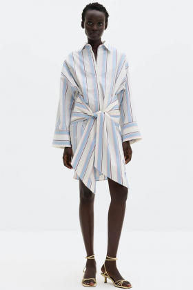 Althea Tie Up Shirt Dress, Sky Blue Stripe